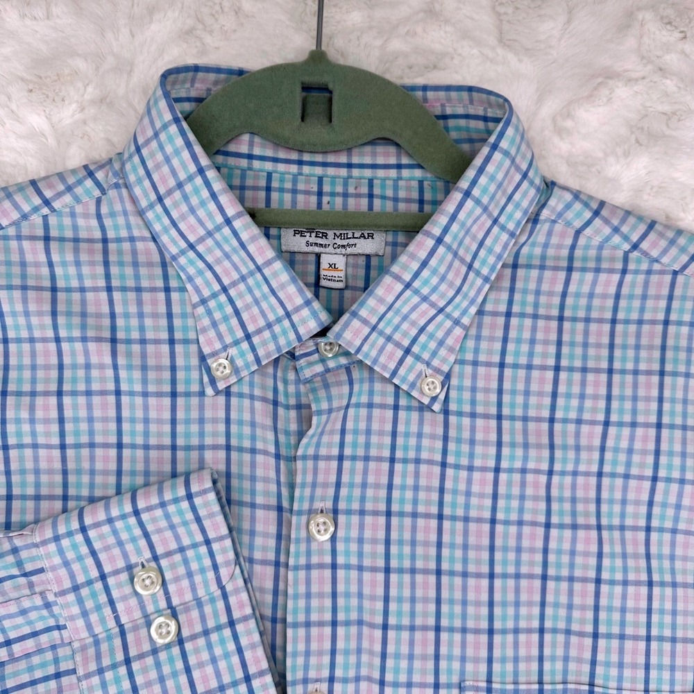 Peter Millar Summer Comfort Mens XL Blue Pink Plaid LS Button Down Shirt